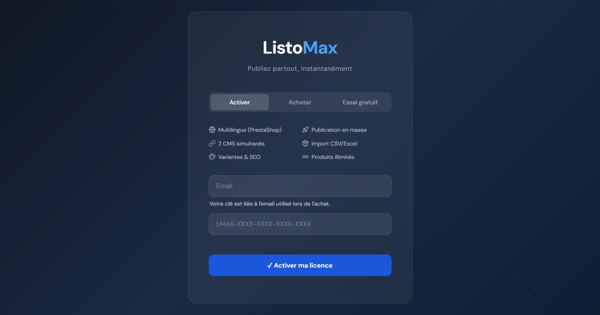 Écran de licence ListoMax, onglet Activer : champs e-mail et clé de licence
