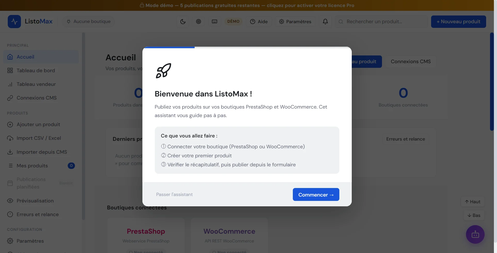 Assistant de démarrage : Bienvenue dans ListoMax, étape 1 sur 4