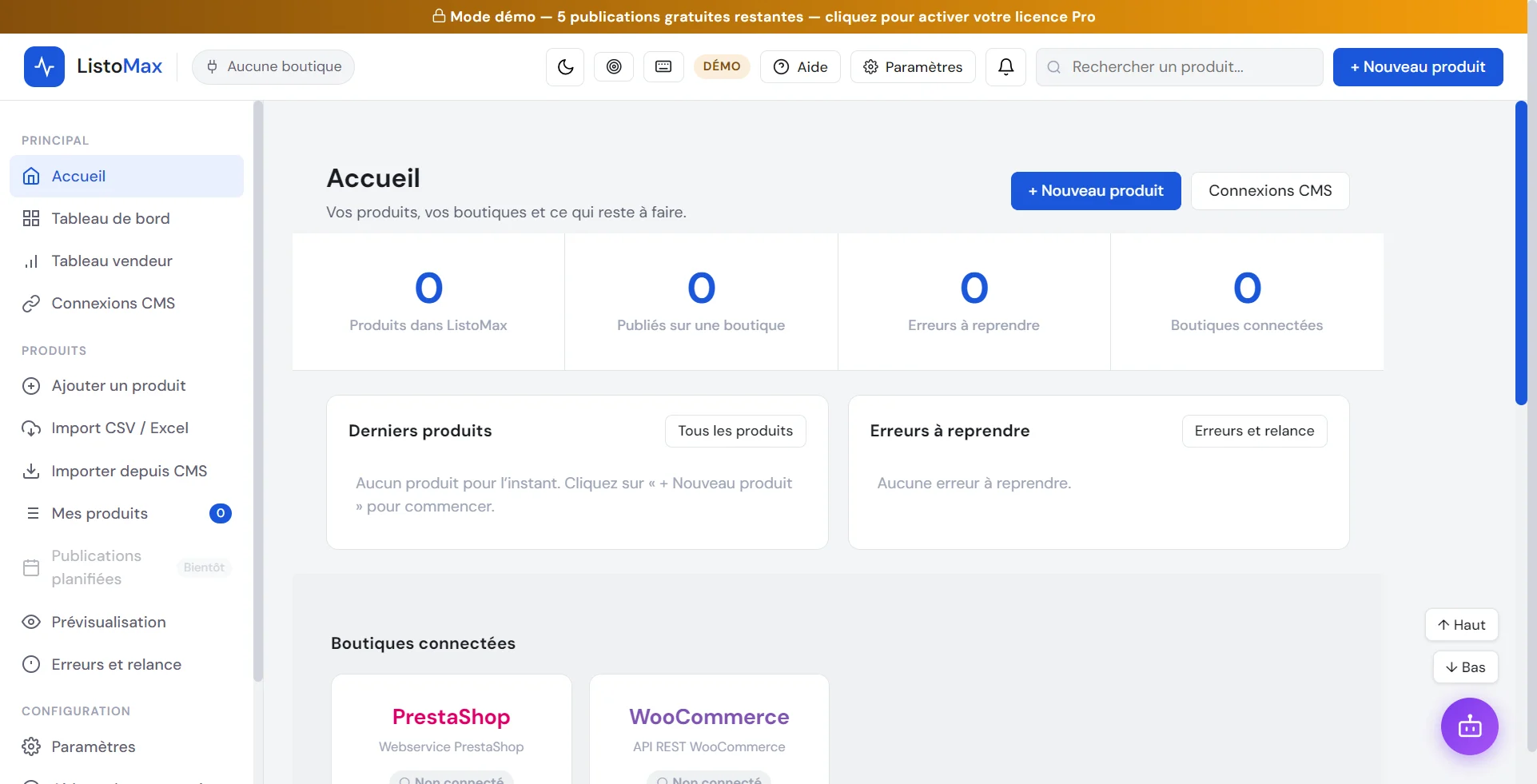 Écran d’accueil de ListoMax