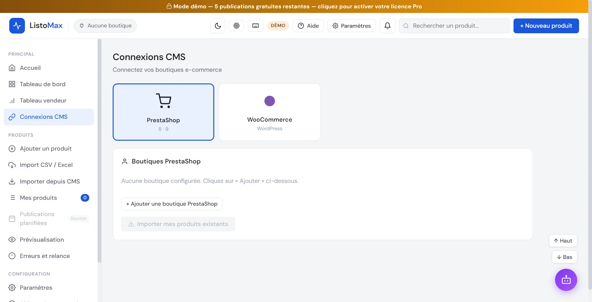 Écran Connexions CMS avec les choix PrestaShop et WooCommerce