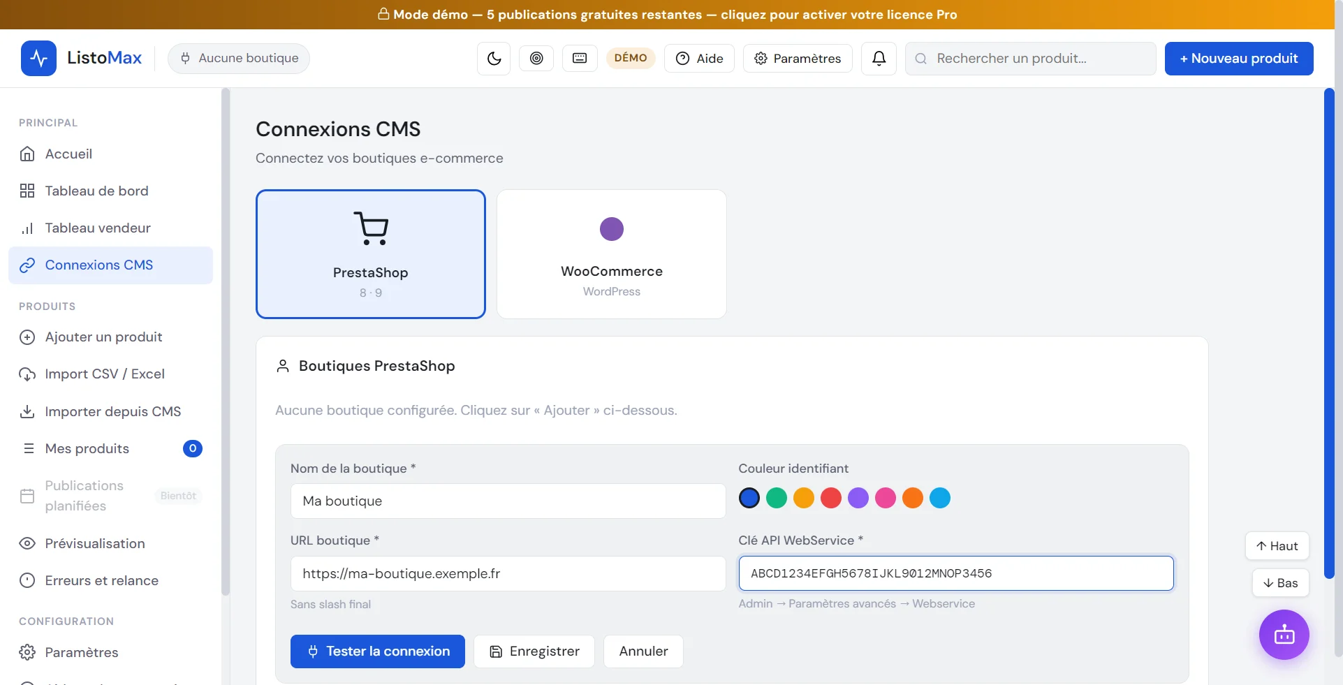 Formulaire d’ajout d’une boutique PrestaShop : nom, couleur, adresse, clé API Webservice