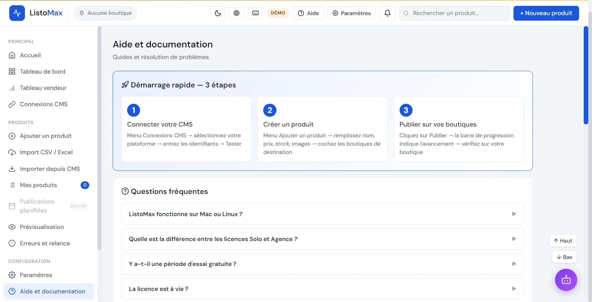 Écran Aide et documentation de ListoMax