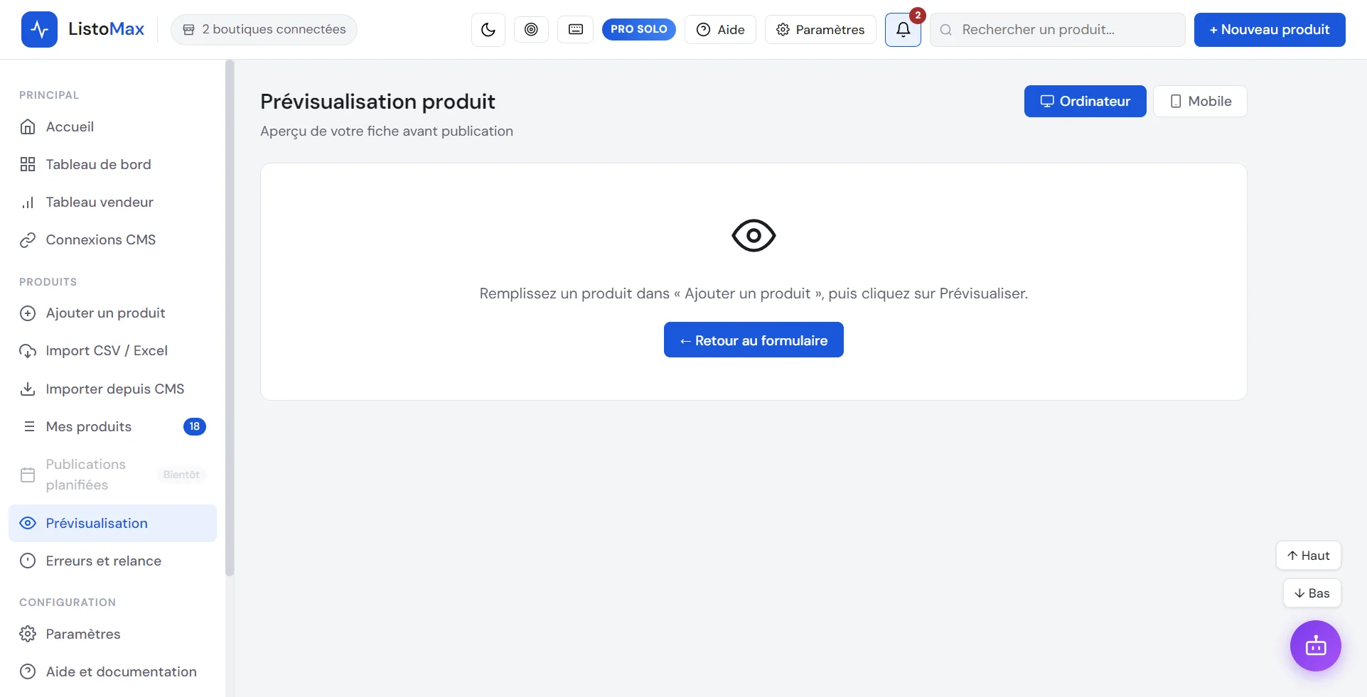 Écran Prévisualisation de la fiche