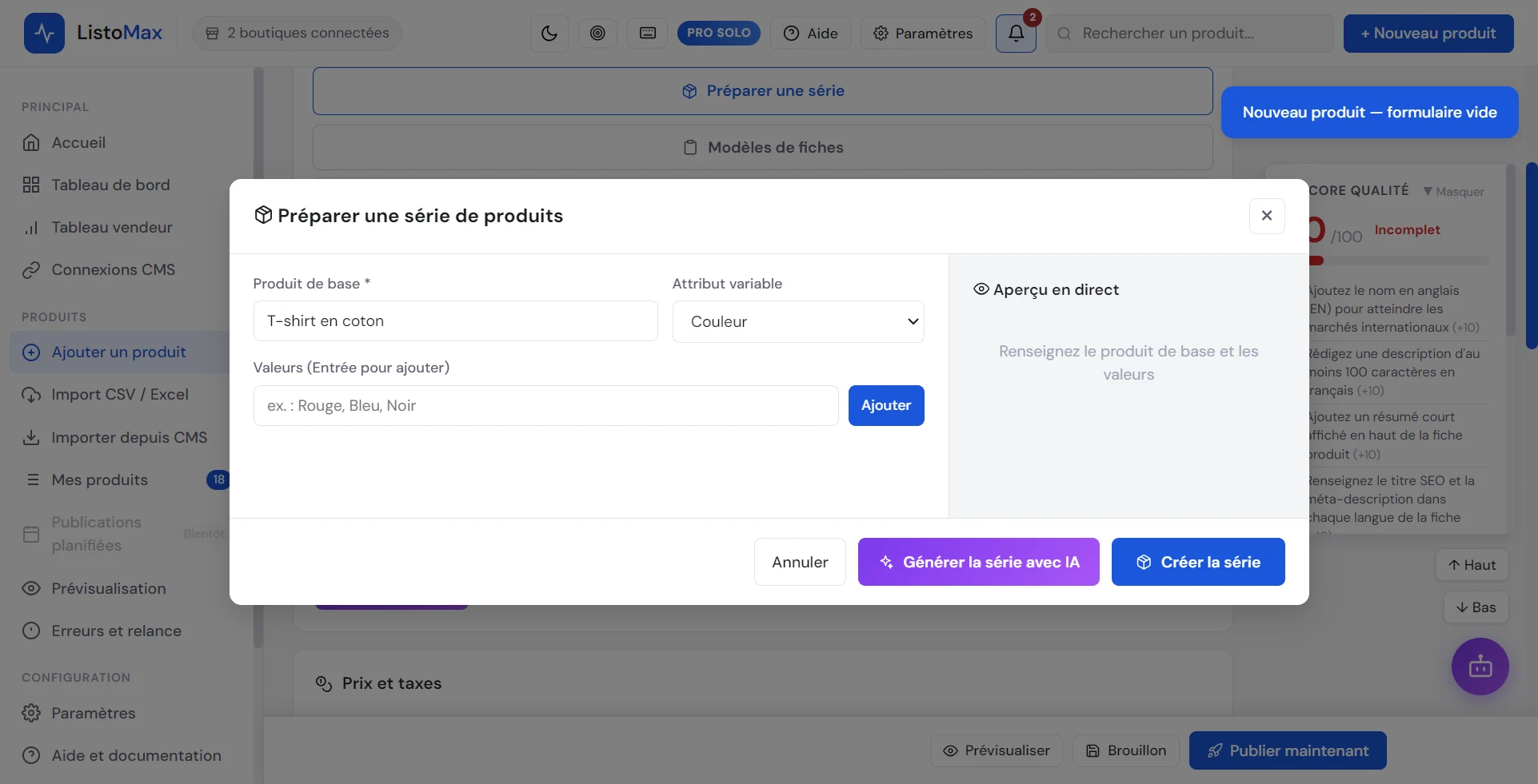 Fenêtre Préparer une série de produits