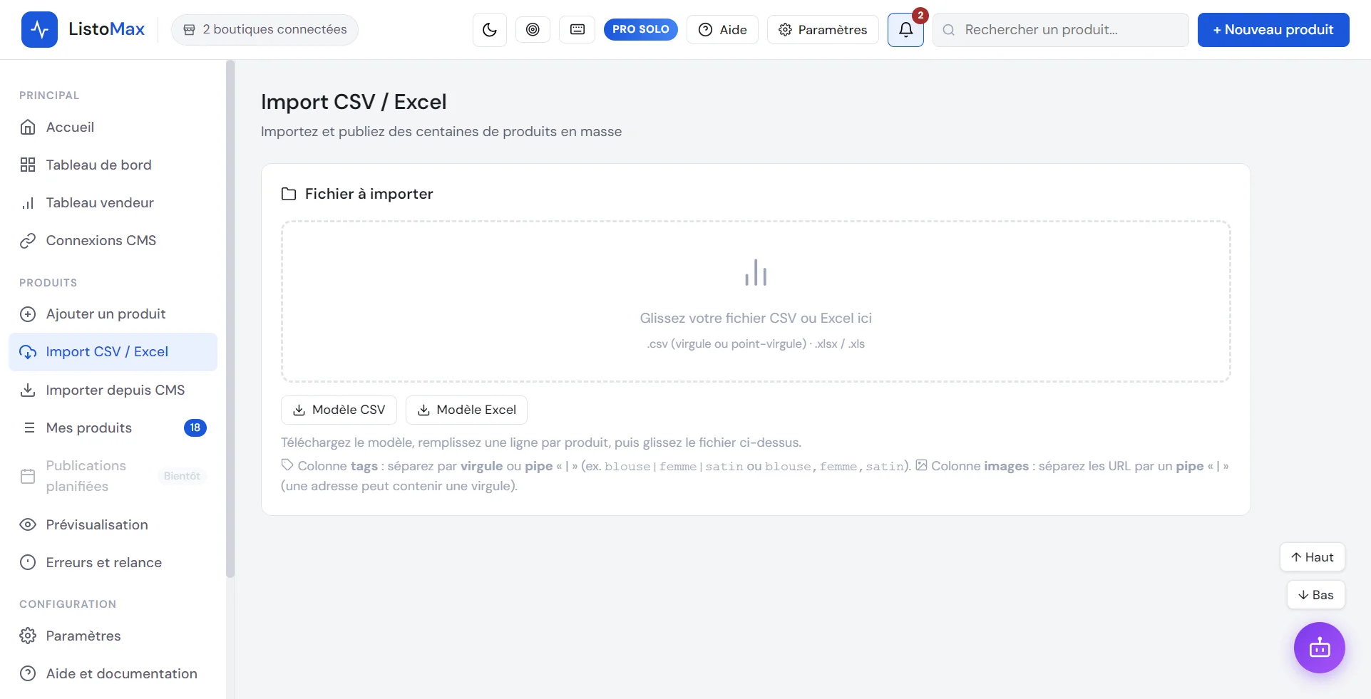 Écran Import CSV / Excel