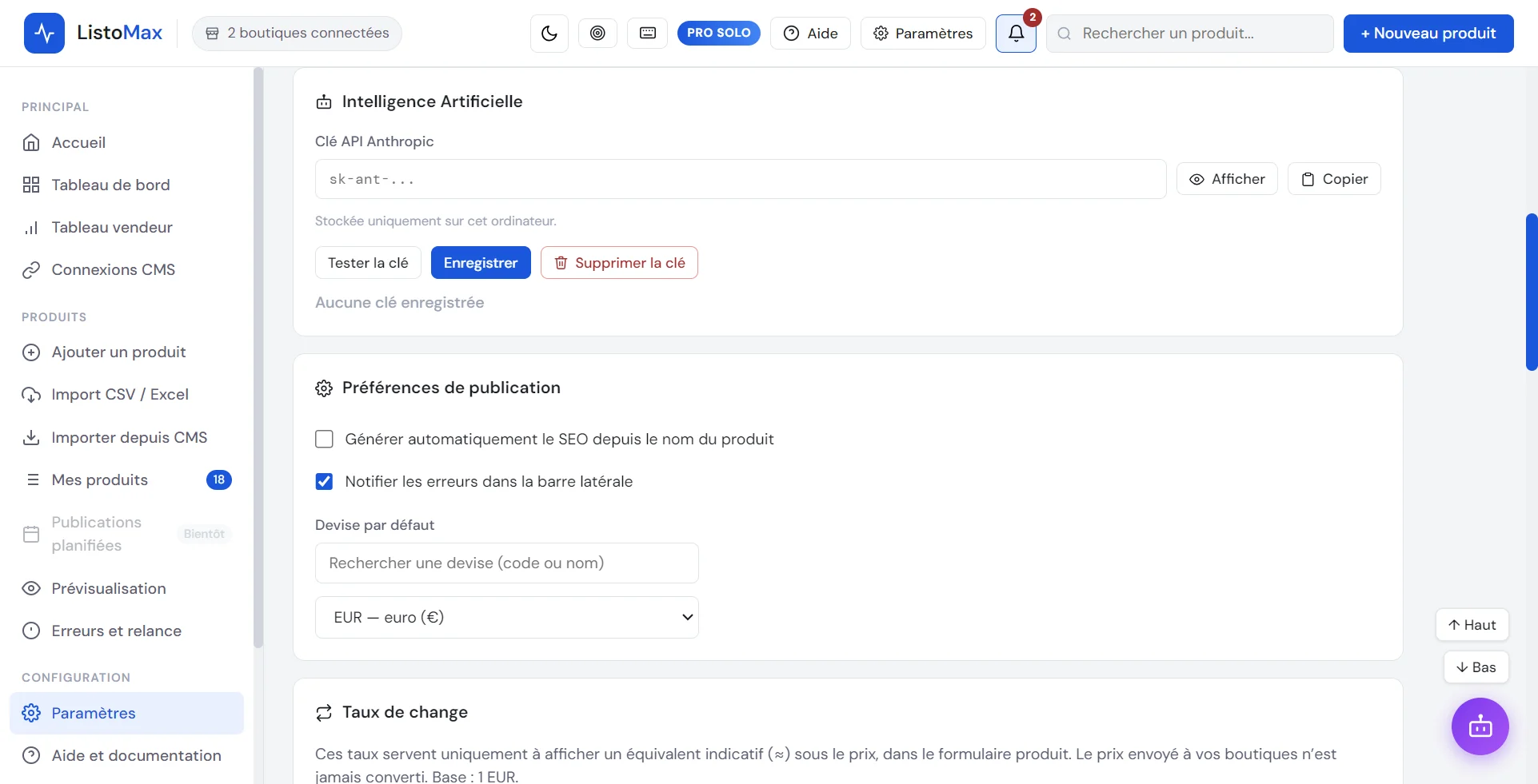 Paramètres : Intelligence Artificielle, clé API Anthropic