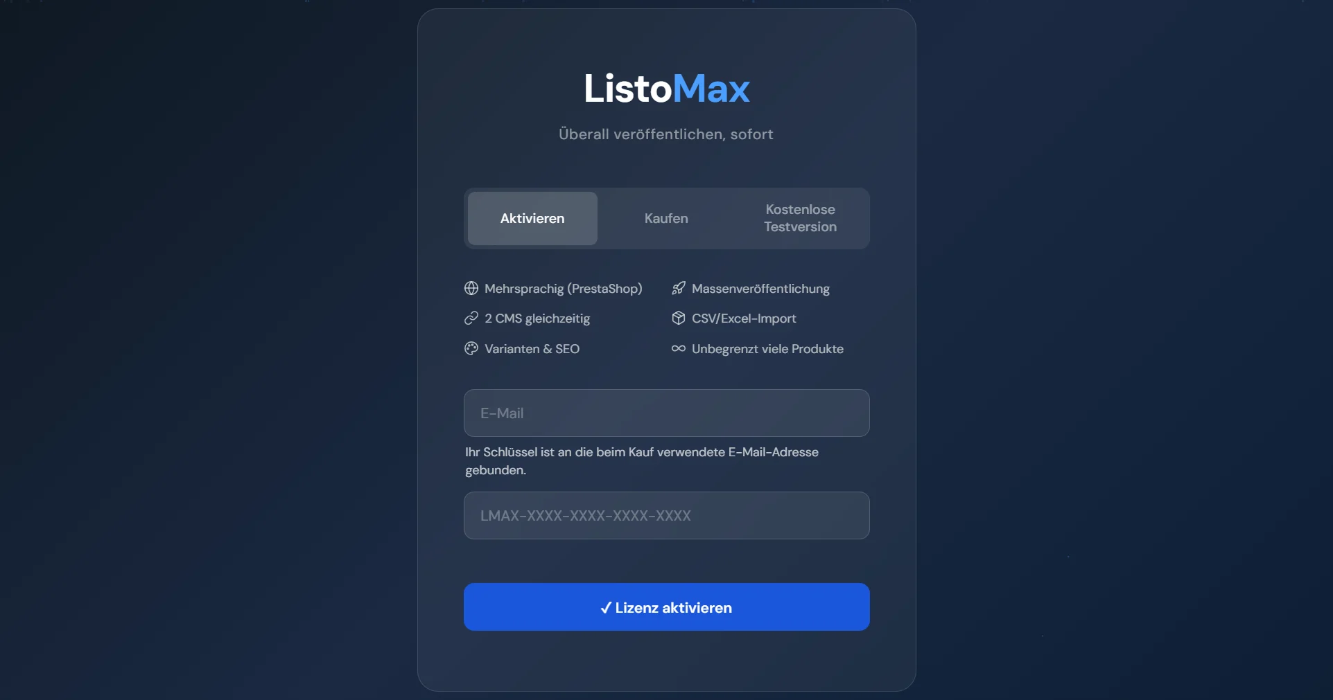Lizenzbildschirm von ListoMax, Reiter Aktivieren: E-Mail und Lizenzschlüssel