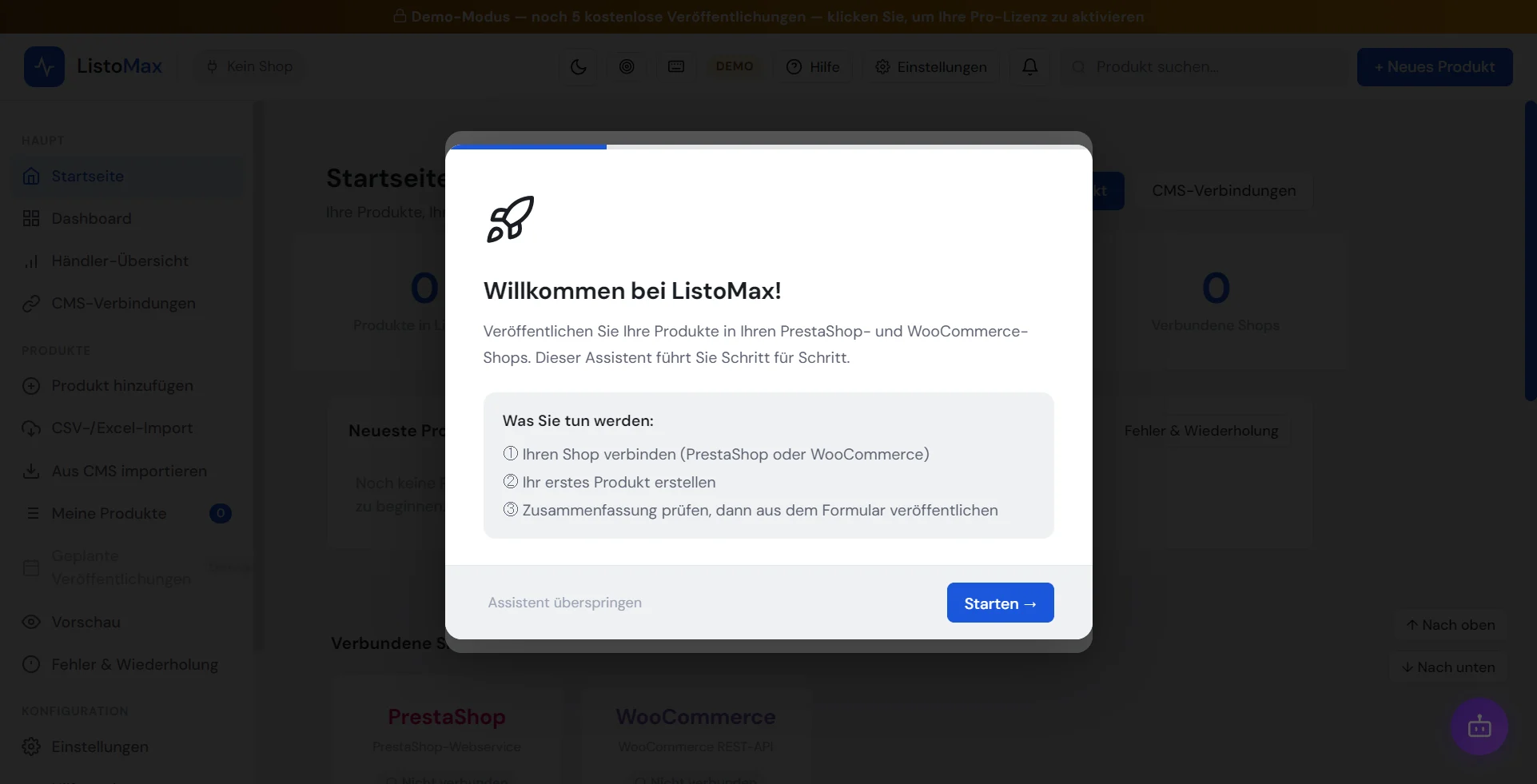 Einrichtungsassistent: Willkommen bei ListoMax, Schritt 1 von 4