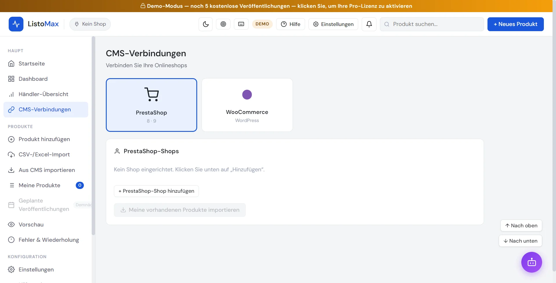 Bildschirm CMS-Verbindungen mit PrestaShop und WooCommerce