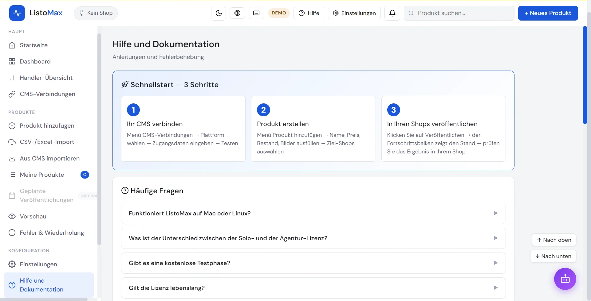 Bildschirm Hilfe und Dokumentation von ListoMax