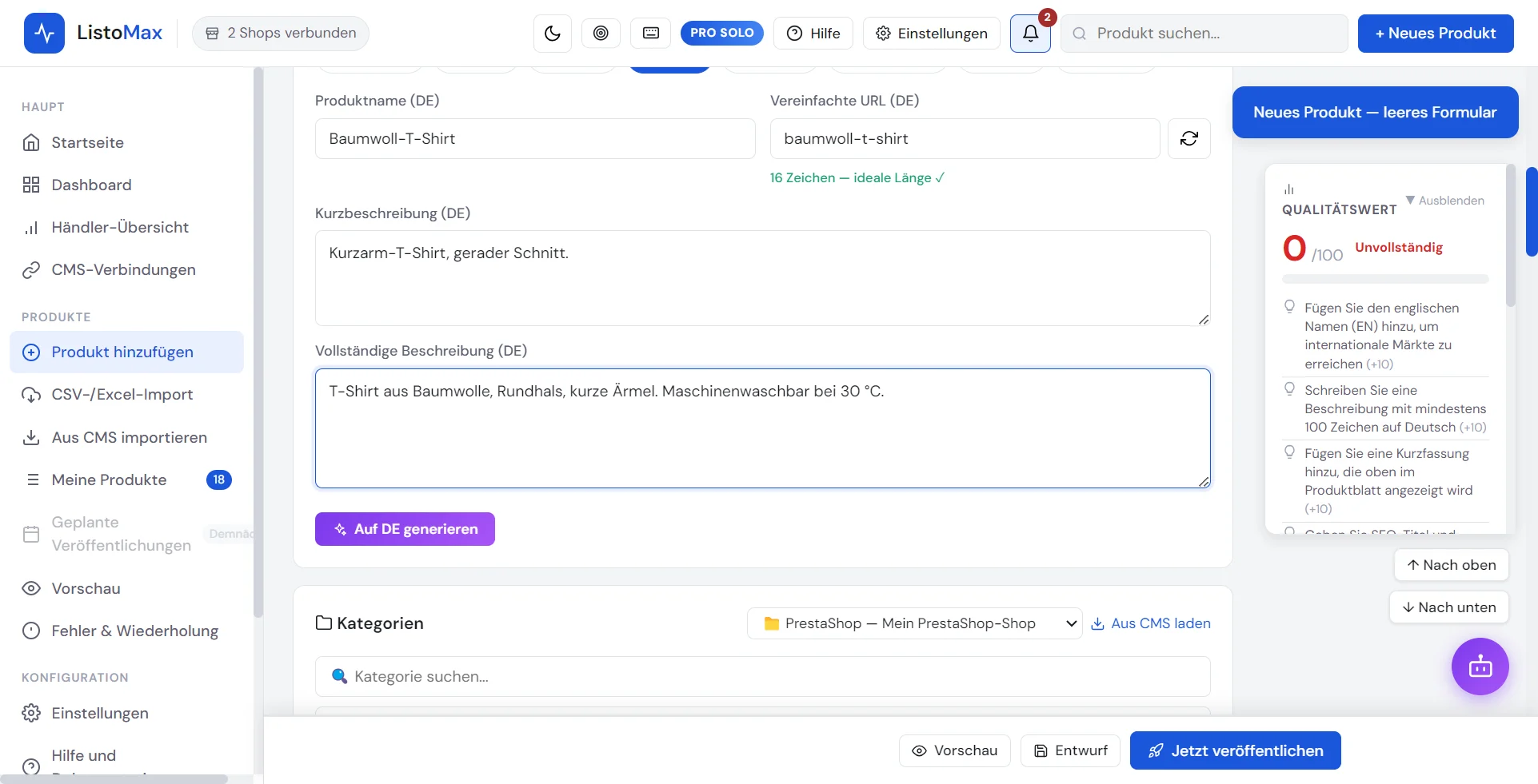 Produktformular: Name, Kurzbeschreibung und vollständige Beschreibung