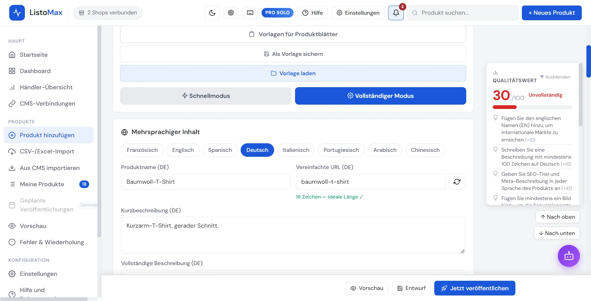 Sprachreiter des Produktformulars