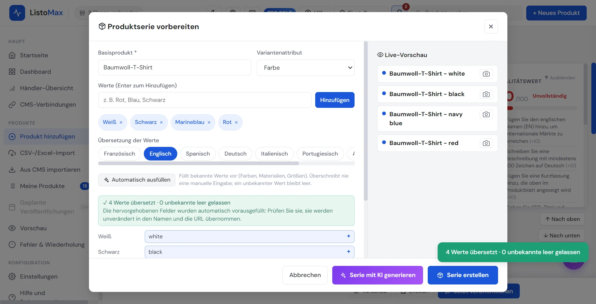 Automatisch ausgefüllte Übersetzungen