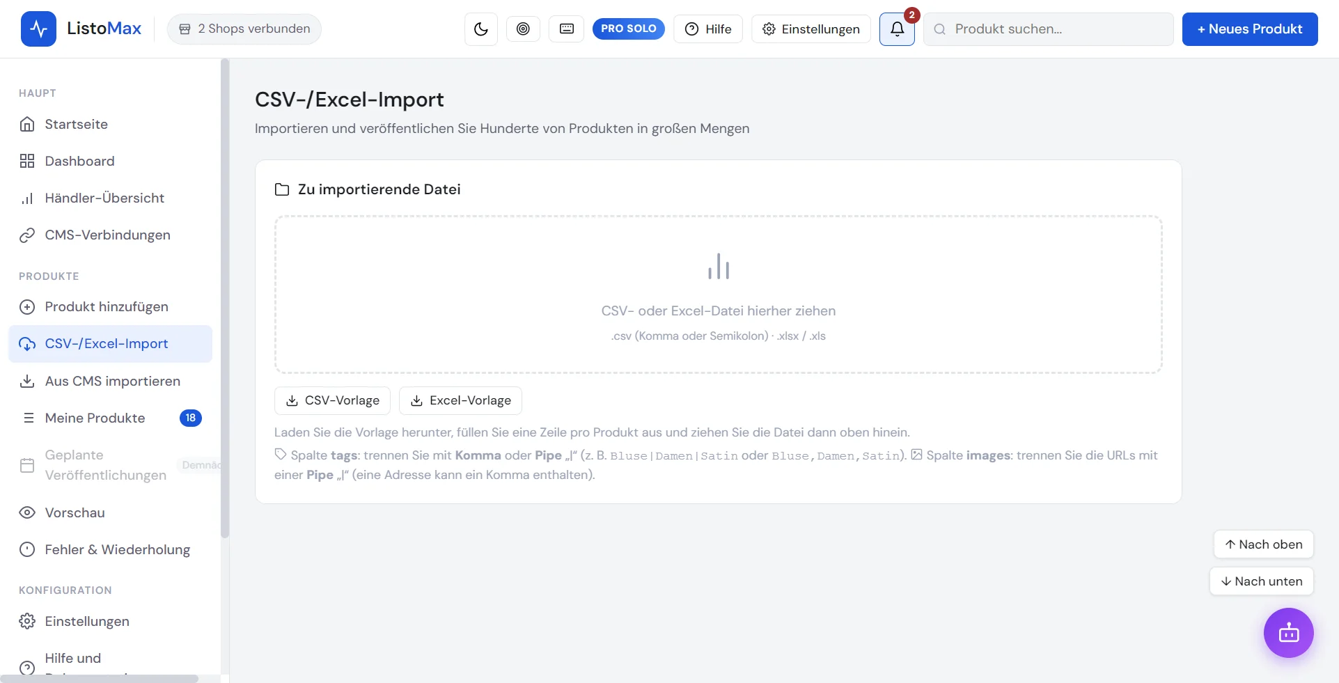 Bildschirm CSV-/Excel-Import