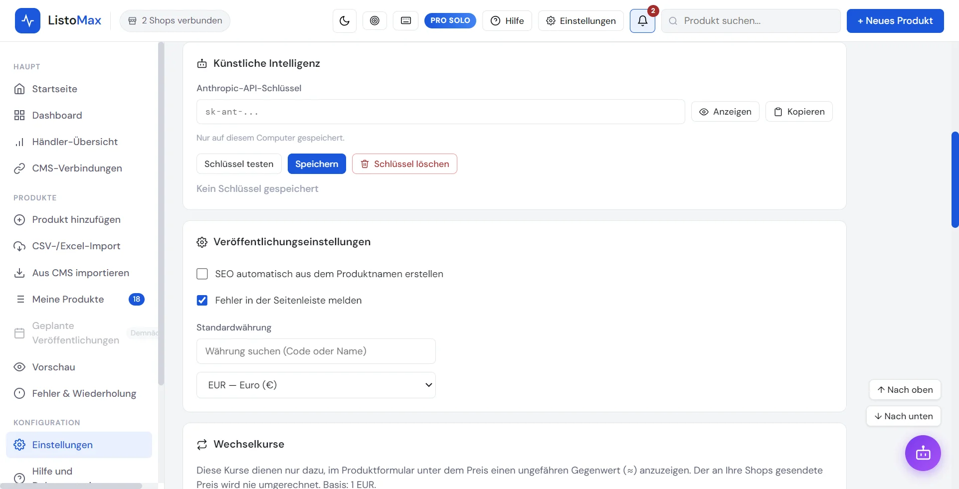 Einstellungen: Künstliche Intelligenz, Anthropic-API-Schlüssel