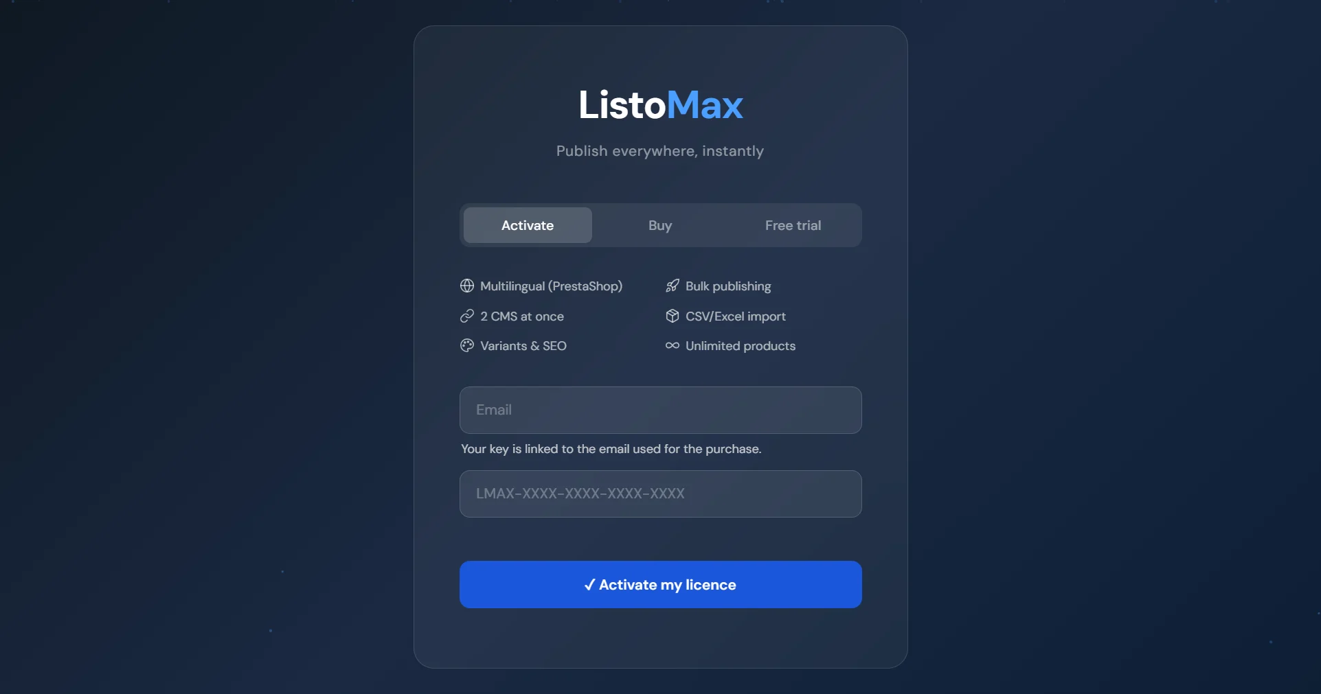 ListoMax licence screen, Activate tab: email and licence key fields