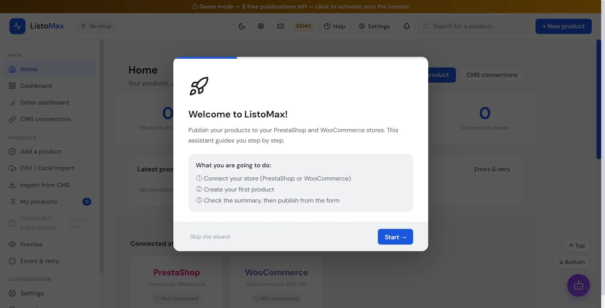 Setup assistant: welcome to ListoMax, step 1 of 4