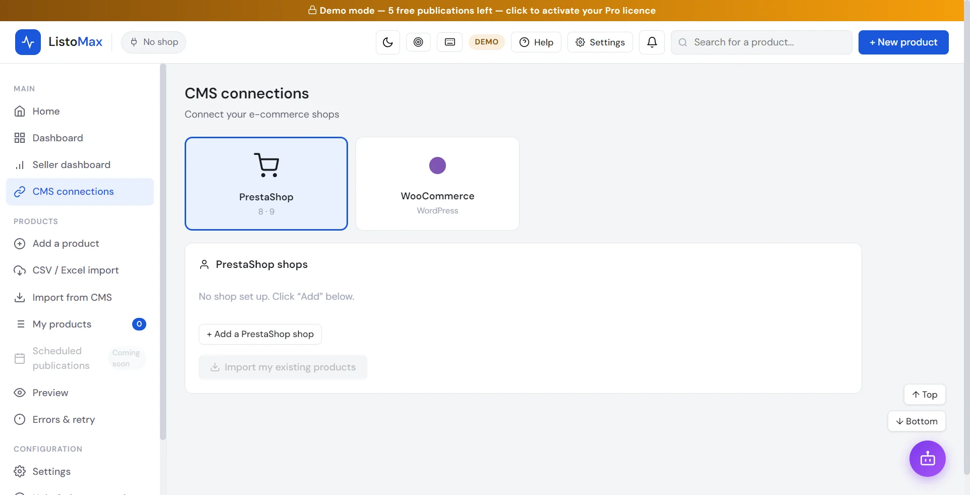 CMS connections screen with the PrestaShop and WooCommerce choices