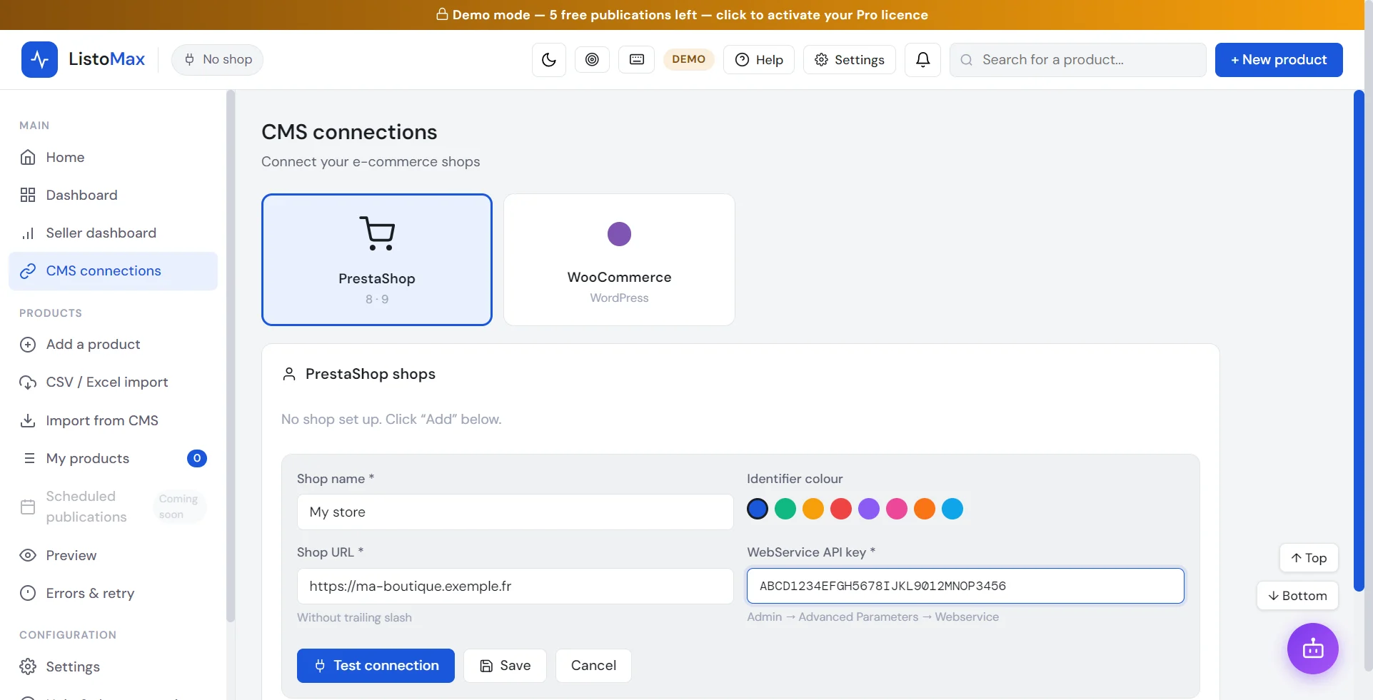 Form to add a PrestaShop store: name, colour, address, Webservice API key
