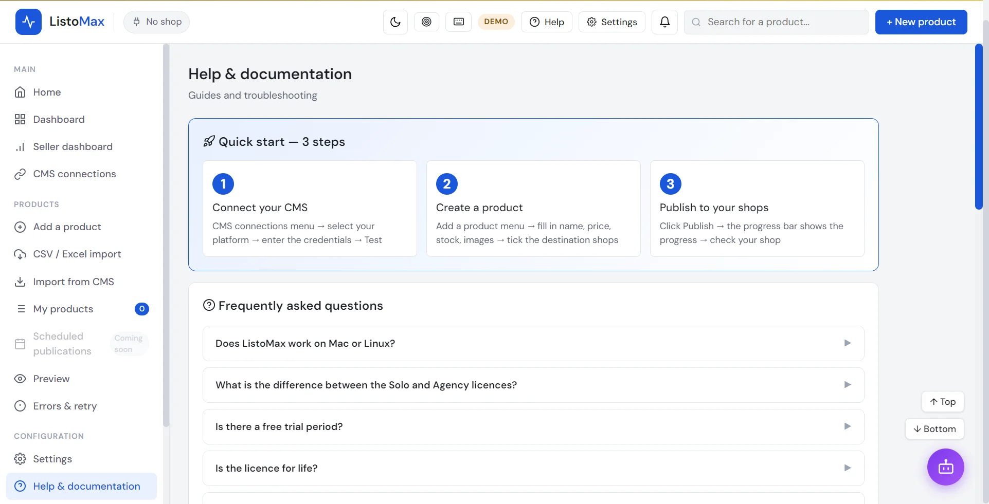 ListoMax Help and documentation screen