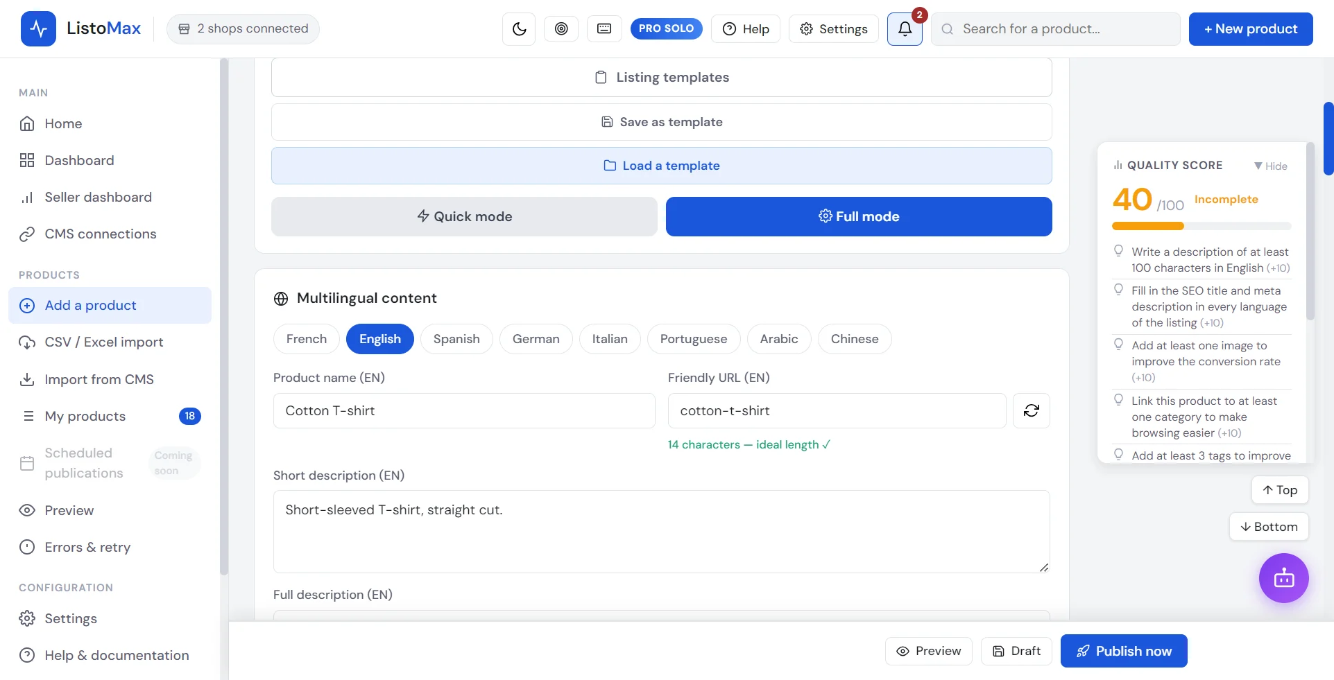 Language tabs of the product form