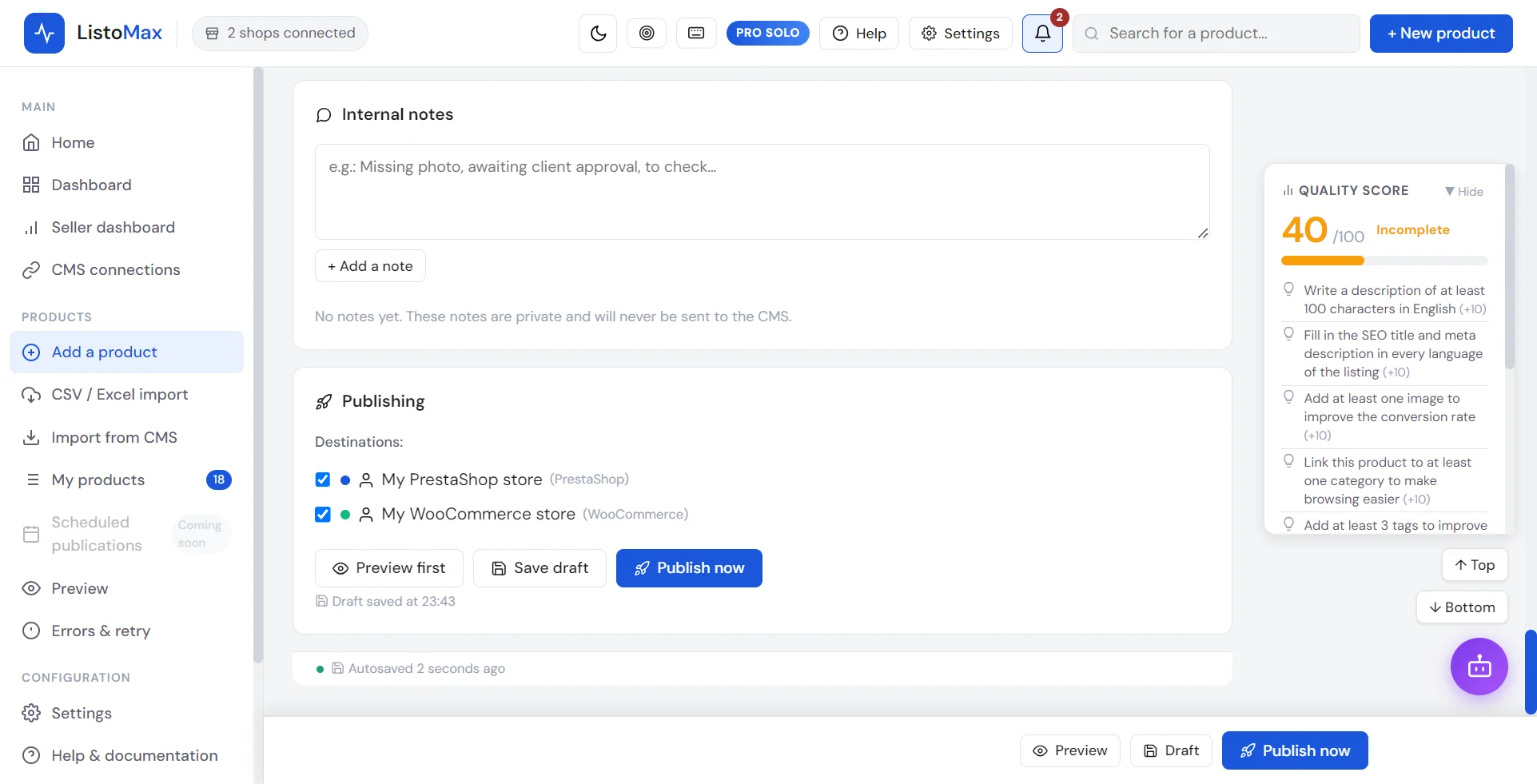Publication area: ticked stores and Publish now button