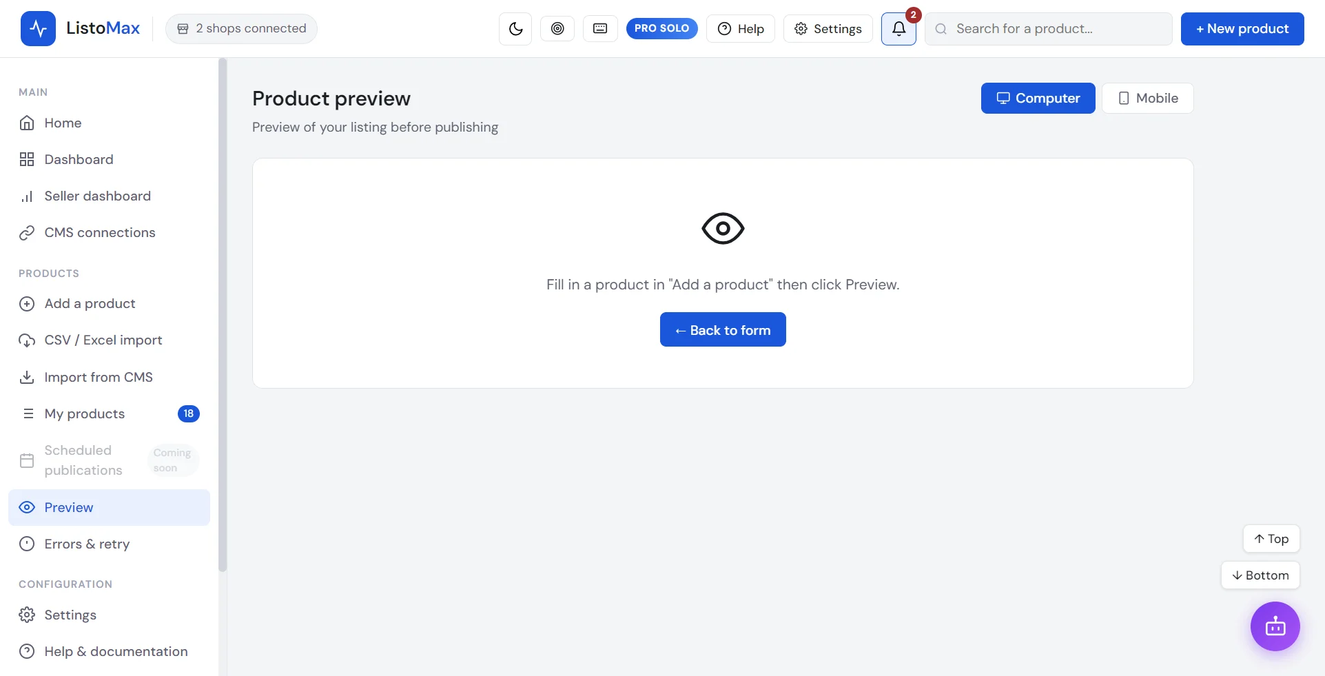 Listing preview screen