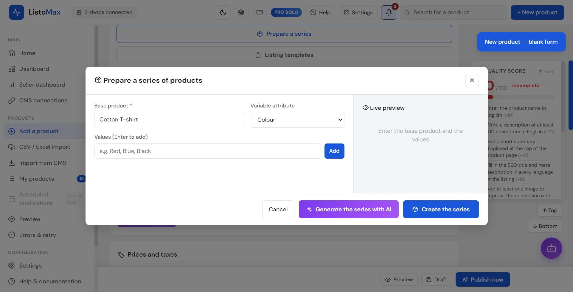 Prepare a series of products window