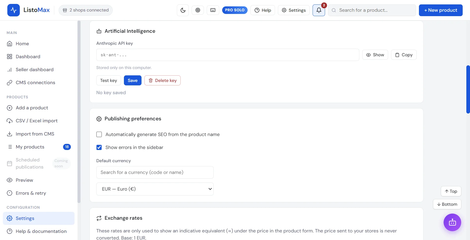 Settings: Artificial Intelligence, Anthropic API key