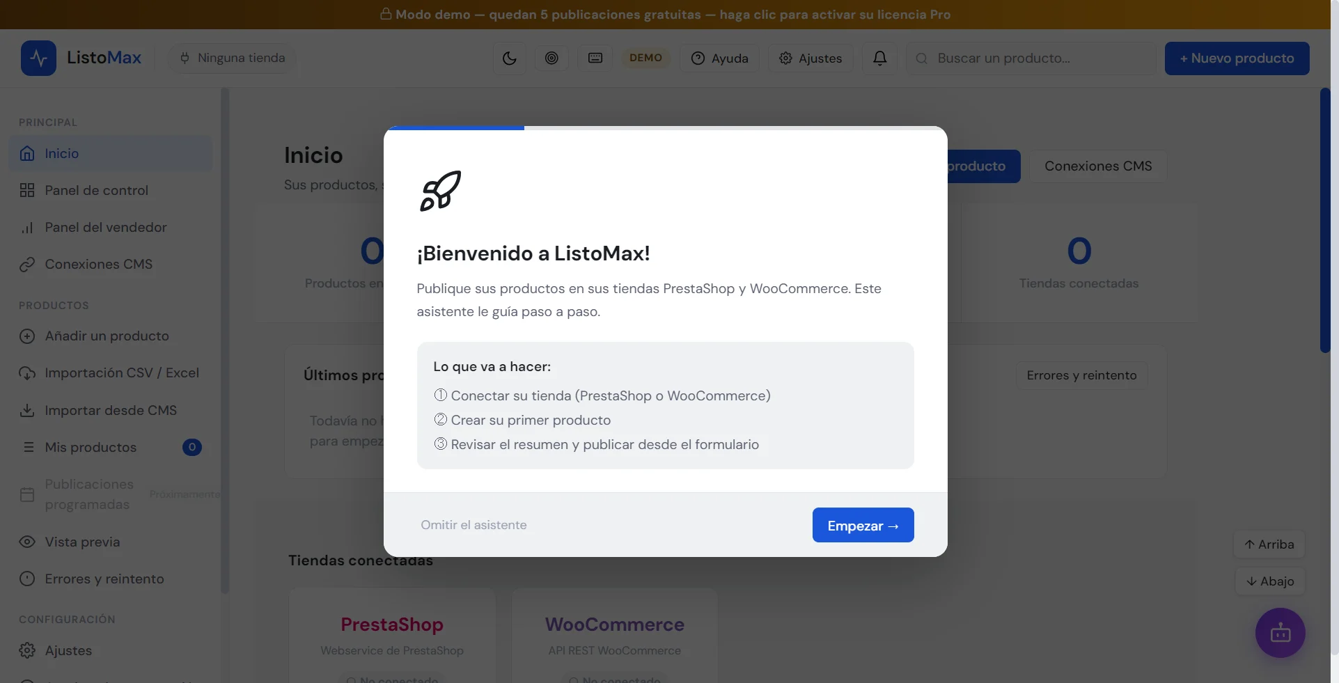 Asistente de inicio: bienvenido a ListoMax, paso 1 de 4