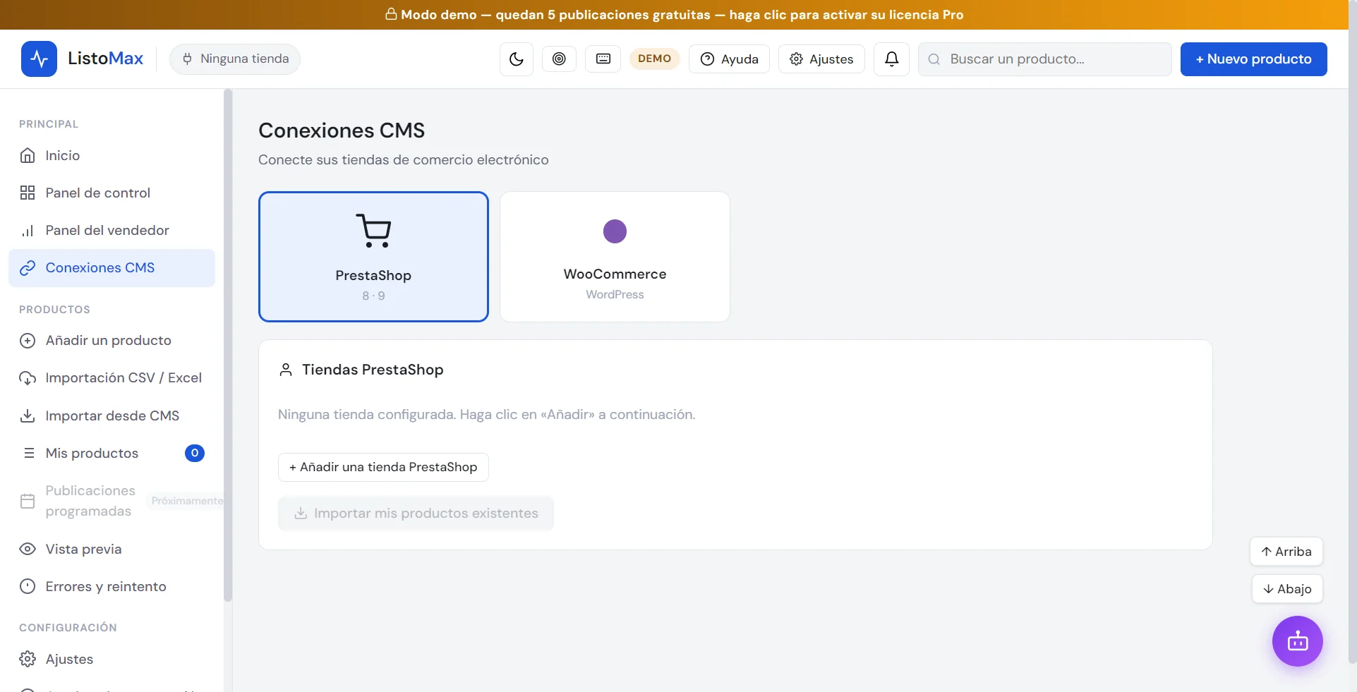 Pantalla Conexiones CMS con PrestaShop y WooCommerce