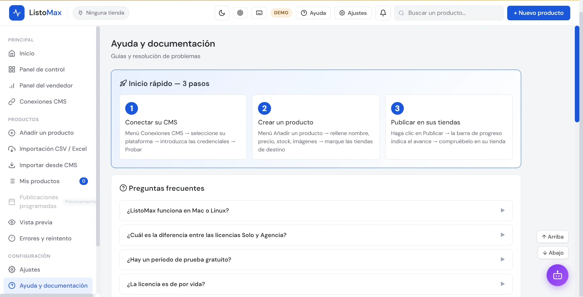 Pantalla Ayuda y documentación de ListoMax