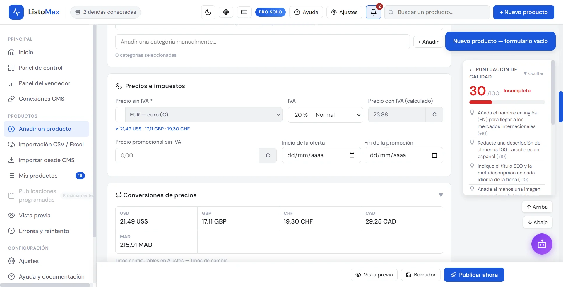 Campos de referencia, precio y existencias