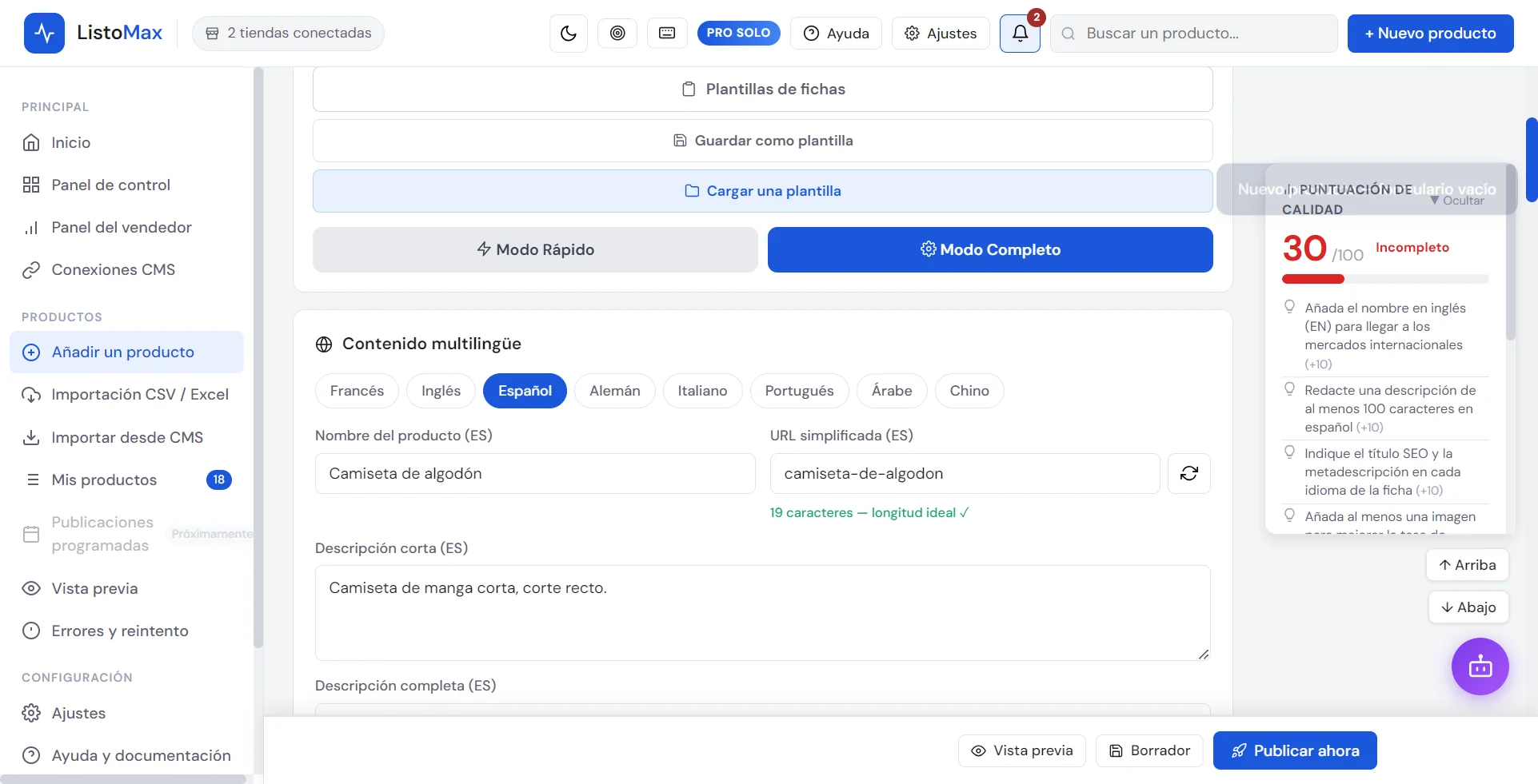 Pestañas de idioma del formulario de producto