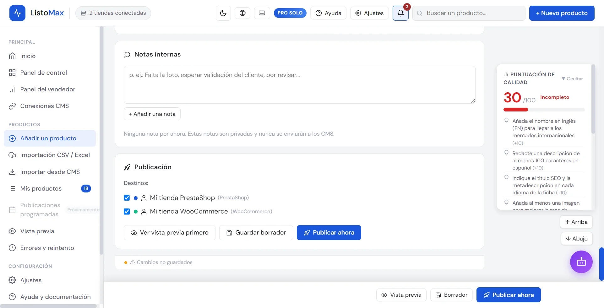 Zona de publicación: tiendas marcadas y botón Publicar ahora