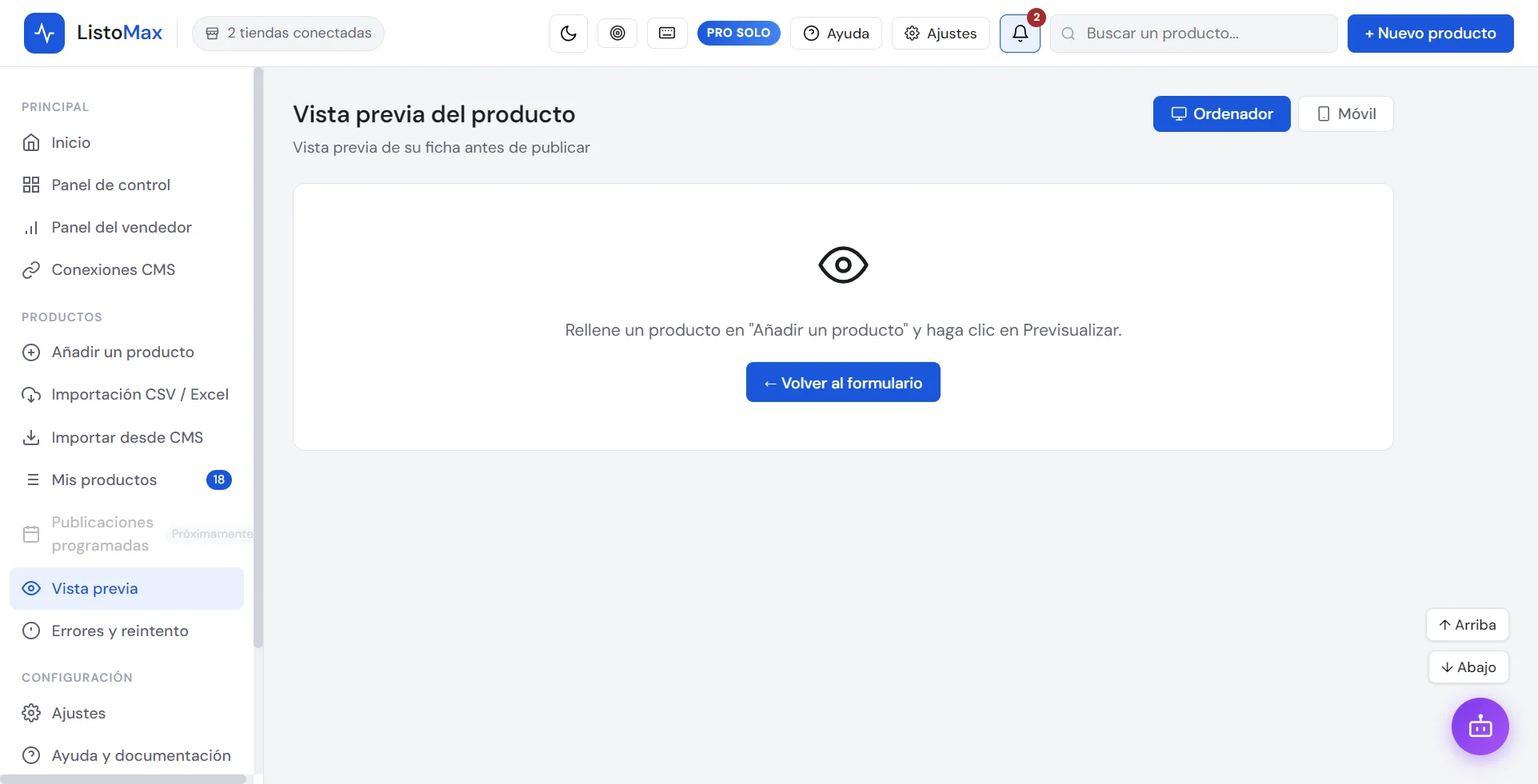 Pantalla de vista previa de la ficha