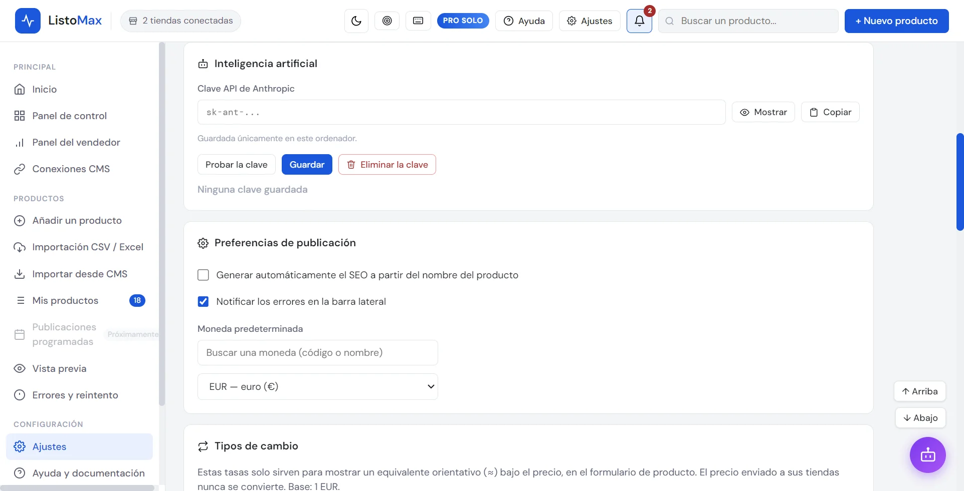 Ajustes: inteligencia artificial, clave API de Anthropic