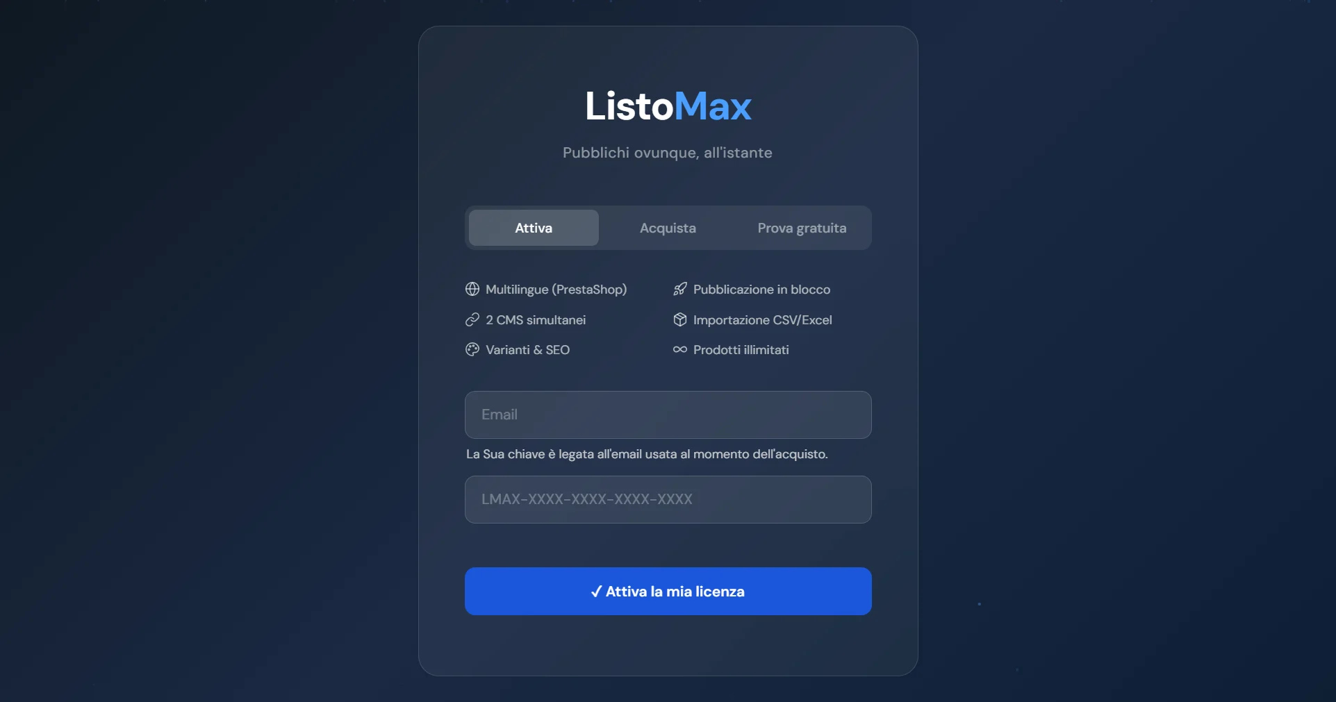Schermata della licenza ListoMax, scheda Attiva: e-mail e chiave