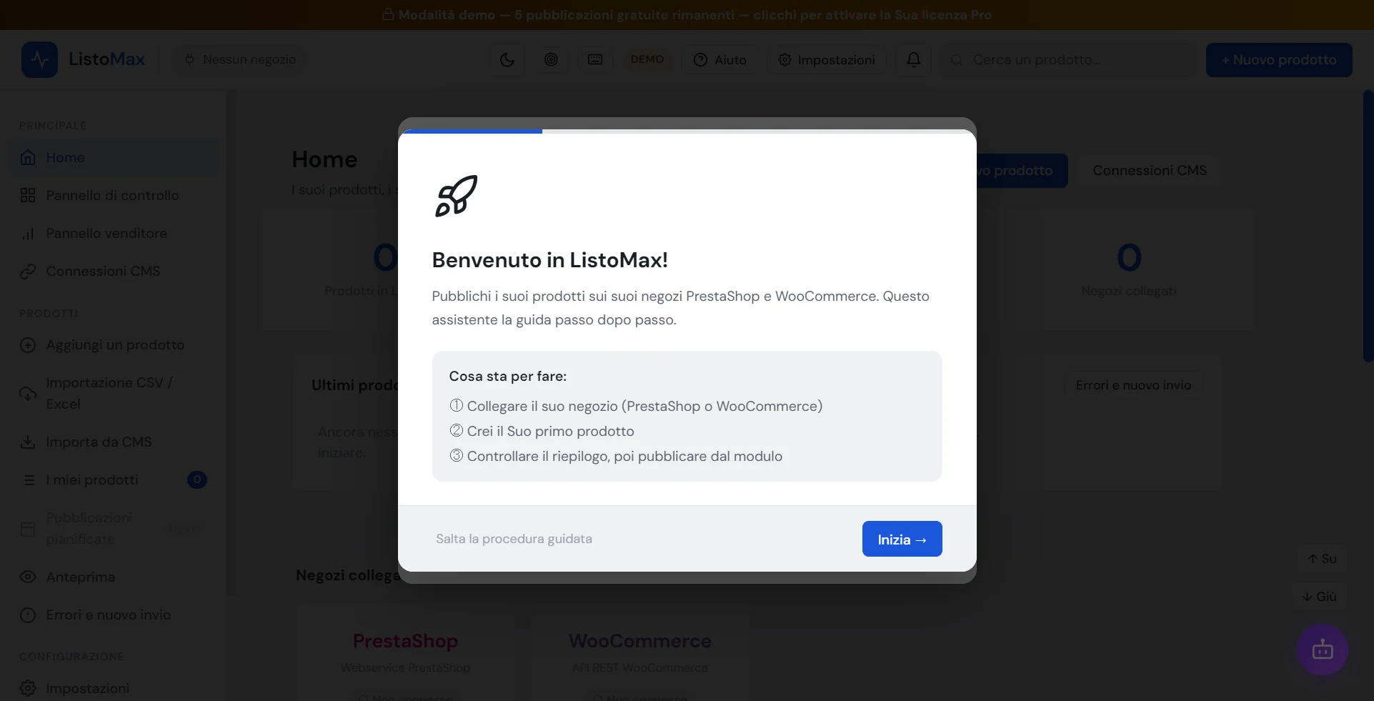 Assistente iniziale: benvenuto in ListoMax, passaggio 1 di 4