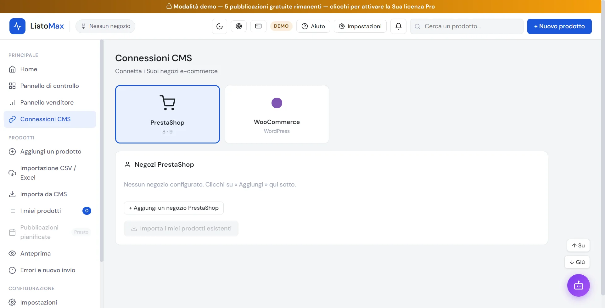 Schermata Connessioni CMS con PrestaShop e WooCommerce