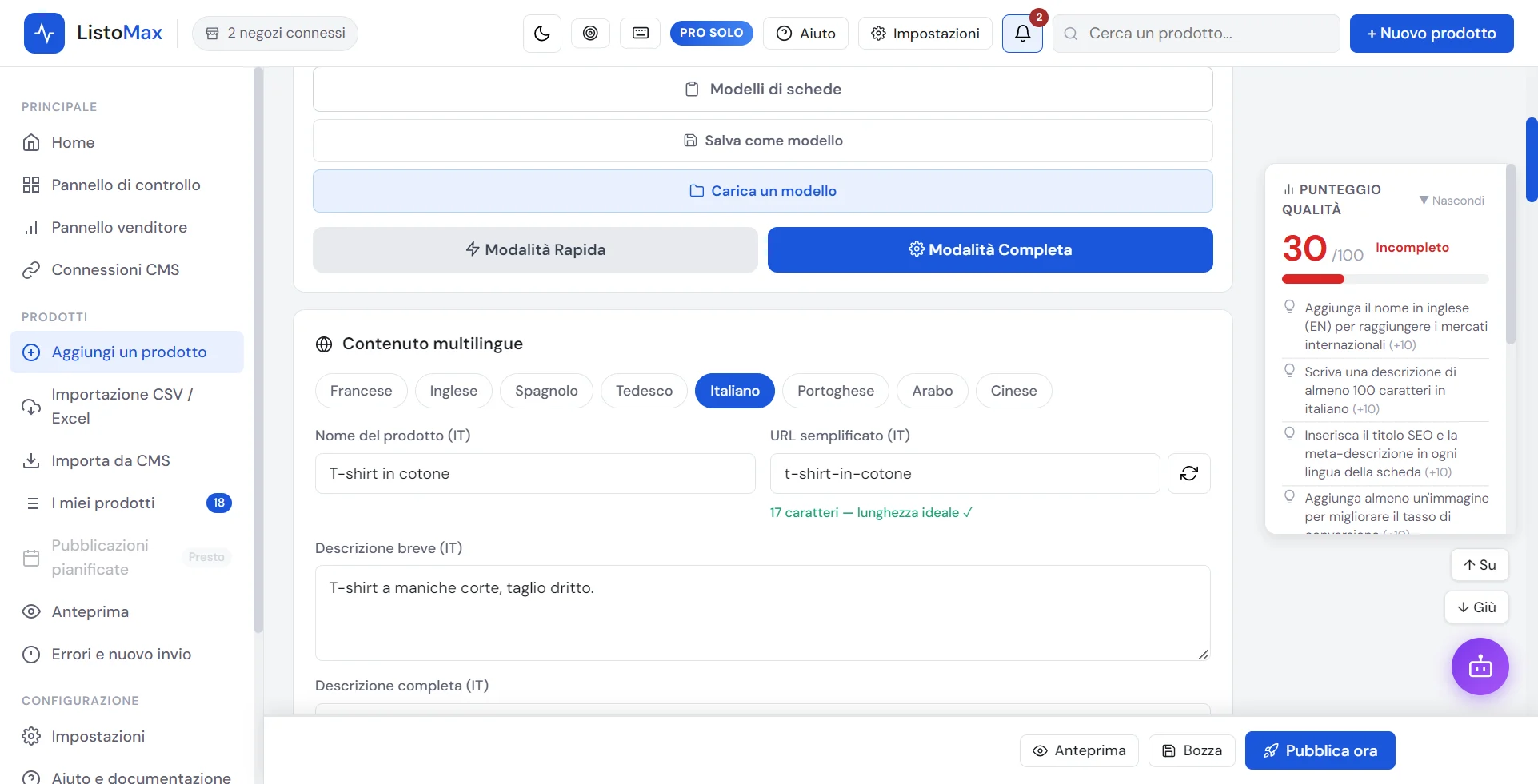 Schede di lingua del modulo prodotto