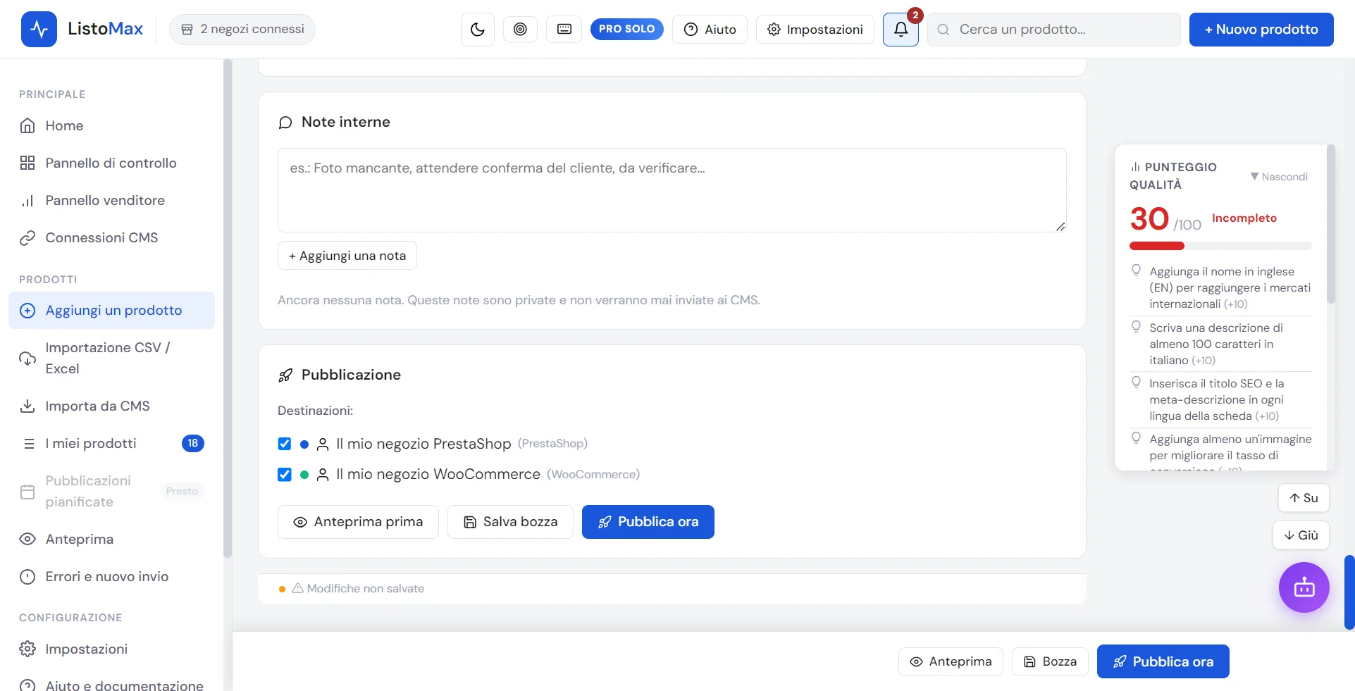 Area Pubblicazione: negozi selezionati e pulsante Pubblica ora