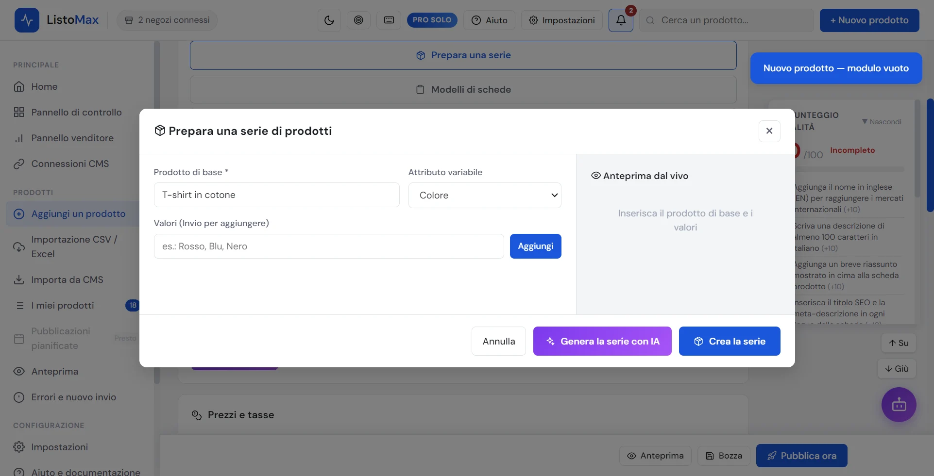 Finestra Prepara una serie di prodotti