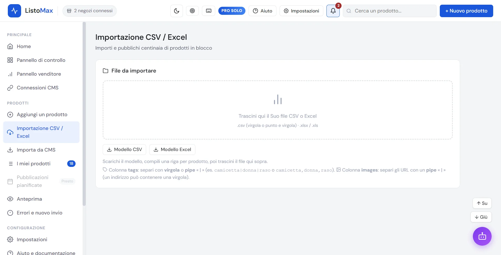 Schermata Importazione CSV / Excel