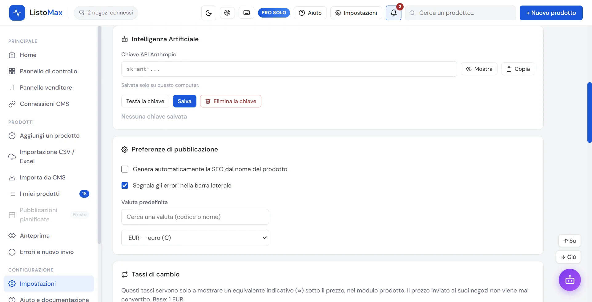 Impostazioni: intelligenza artificiale, chiave API Anthropic