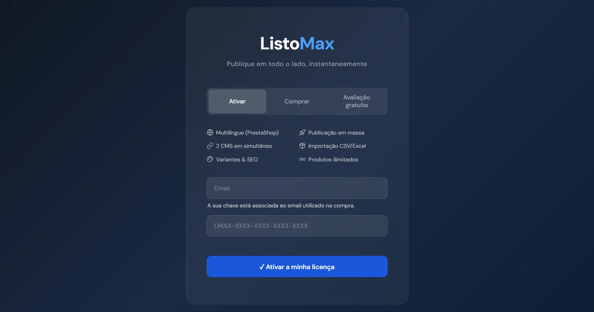 Ecrã de licença do ListoMax, separador Ativar: e-mail e chave