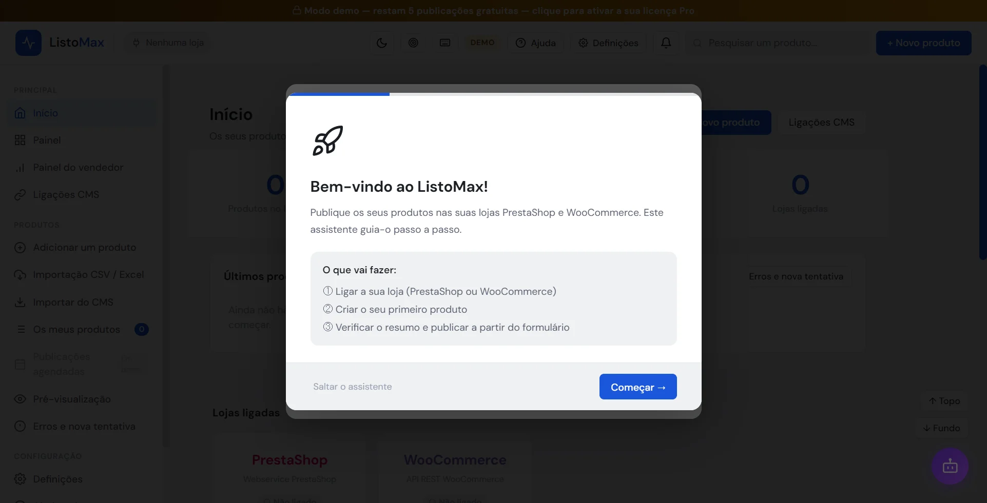 Assistente inicial: bem-vindo ao ListoMax, passo 1 de 4