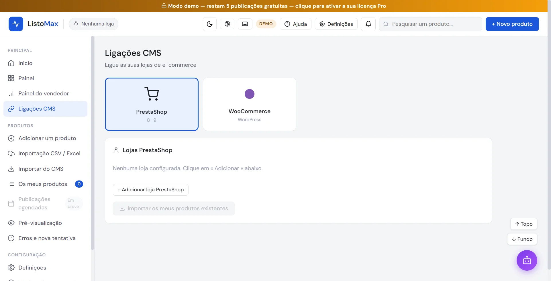 Ecrã Ligações CMS com PrestaShop e WooCommerce