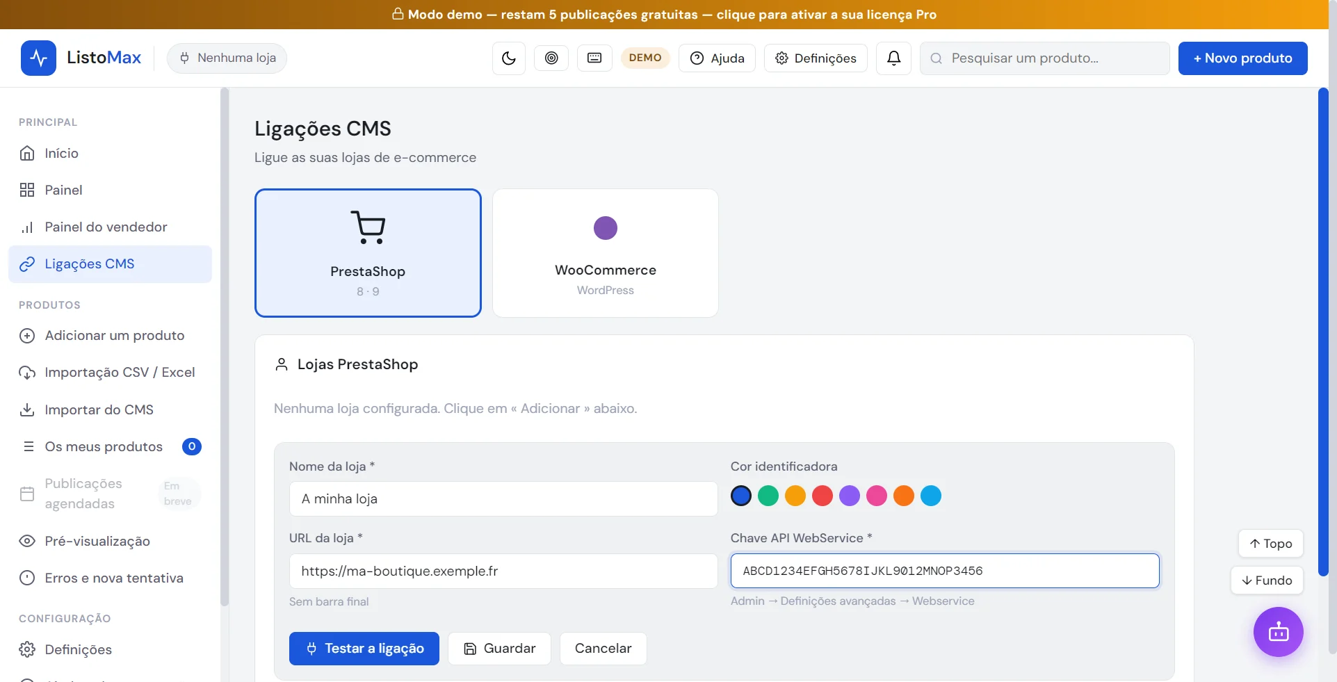Formulário para adicionar uma loja PrestaShop