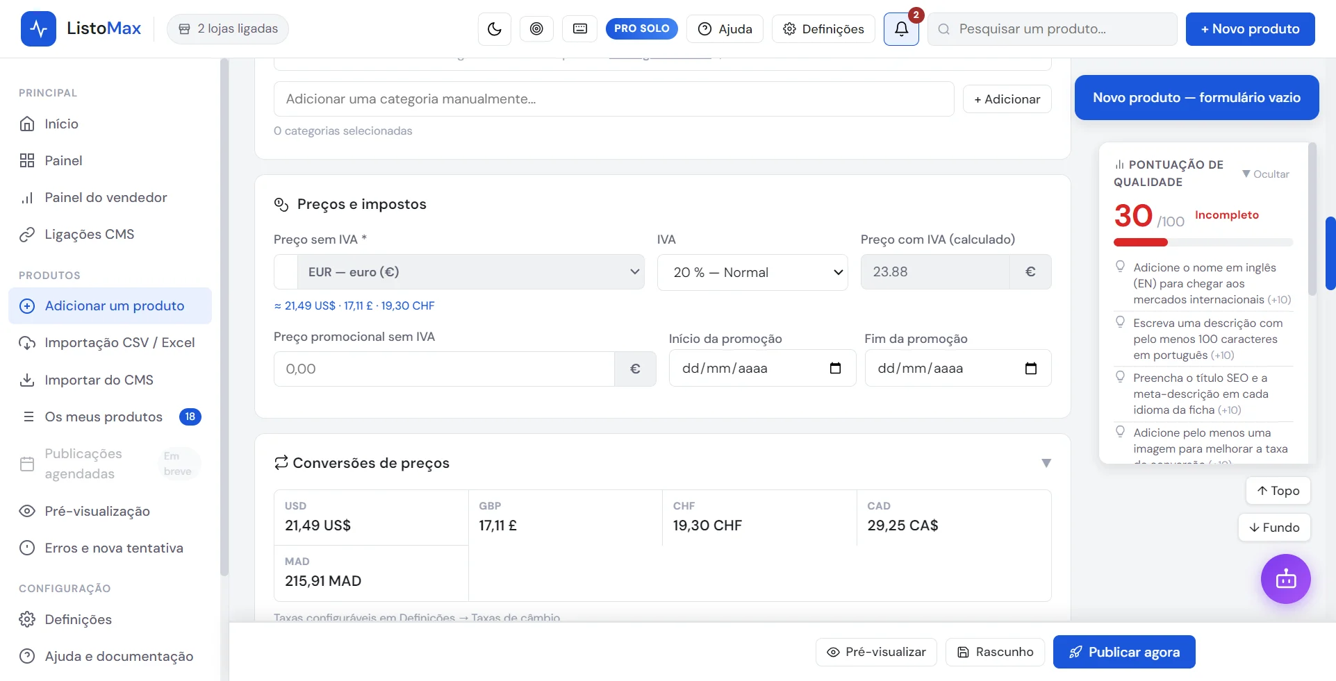 Campos referência, preço e stock